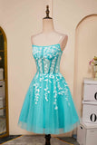 Aqua Blue Strapless A-Line Short Homecoming Dress with Appliques