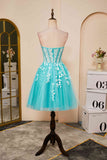 Aqua Blue Strapless A-Line Short Homecoming Dress with Appliques