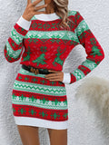 Long Sleeve Deer Pattern Casual Crew Neck Sweater Dress for Spring & Fall, Women's Clothing