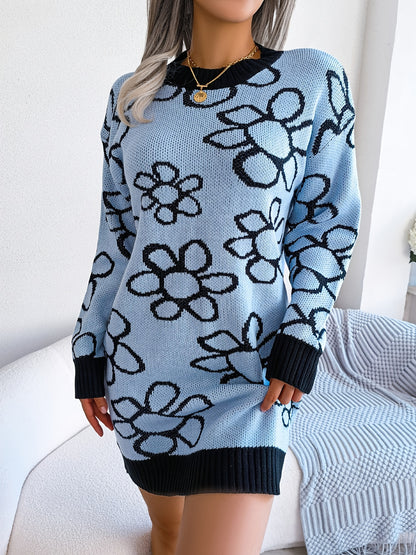 solvbaoLadies Floral Print Sweater Dress, Long Sleeve Stretchy Sweater Dress, Casual Sweater Dress For Fall & Winter, Women's Clothing