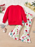 2pcs Girl's Cartoon Santa Pattern Sweatshirt & Flared Pants Set, PEACE LOVE CHRISTMAS Print, Casual Outdoor Outfits for Spring Fall