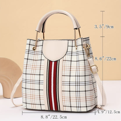 solvbao  Fashion Plaid Bucket Bag, PU Leather Zipper Handbag, Perfect Shoulder Bag For Dating And Shopping