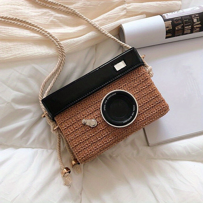 solvbao  Camera Shaped Straw Bag, Trendy Woven Square Purse, Women's Mini Crossbody Bag (6.92*4.94*3.16) Inch