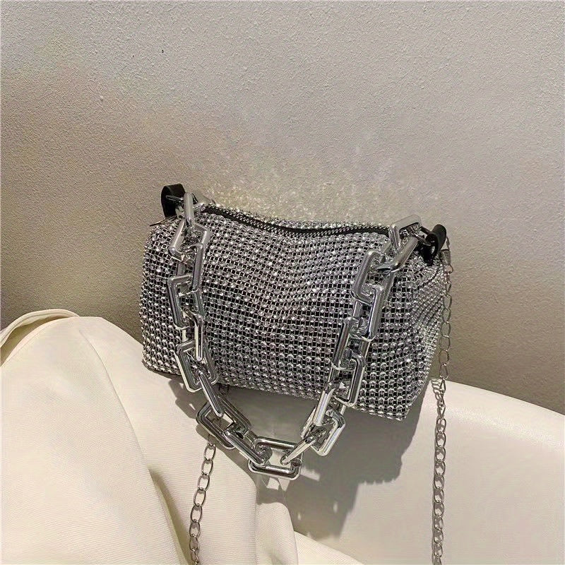 Allover Rhinestone Bucket Bag, Glitter Chain Prom Purse, Women's Mini Crossbody Bag (6.3*3.54) Inch