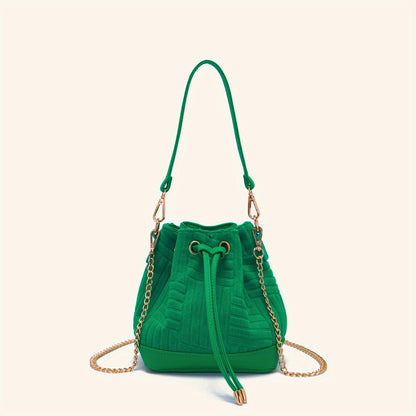 Mini Drawstring Metal Chain Crossbody Bucket Bag, Dacron Textured Bag Purse, Classic Versatile Fashion Shoulder Bag