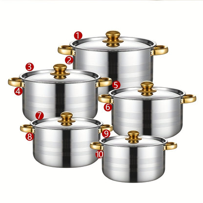 10-Piece Stainless Steel Saucepan Set with Lids - Premium Induction-Ready, Dishwasher Safe, Double-Handled Cookware for Soup, Stew, Pasta, and Seafood - Multipurpose, Space-Saving, and Durable Cookset for Home, Dorm, and Camping Adventures