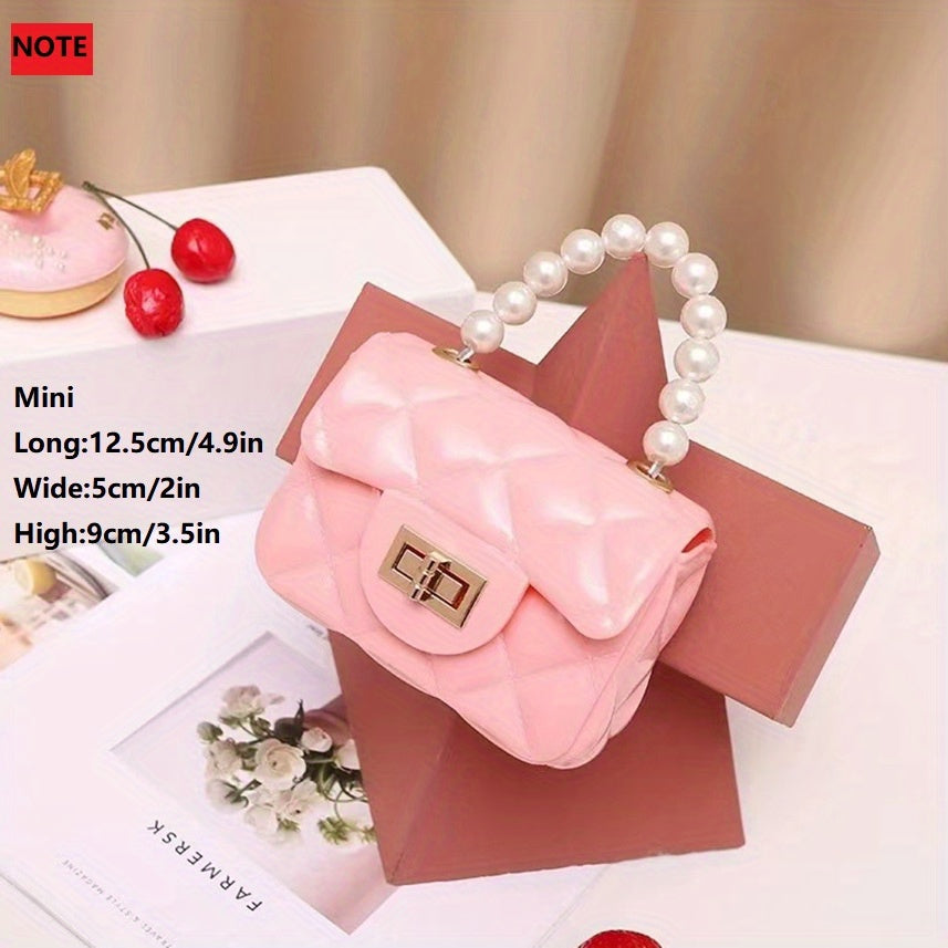 solvbao  Mini Jelly Handbag For Girls, Faux Pearl Handle Coin Purse, Trendy Chain Crossbody Bag (12.45*8.89*5.08cm)