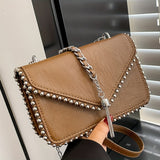 solvbao Stylish Square Flap Shoulder Bag, Tassel Decor Rivet Decor Crossbody Bag For Women