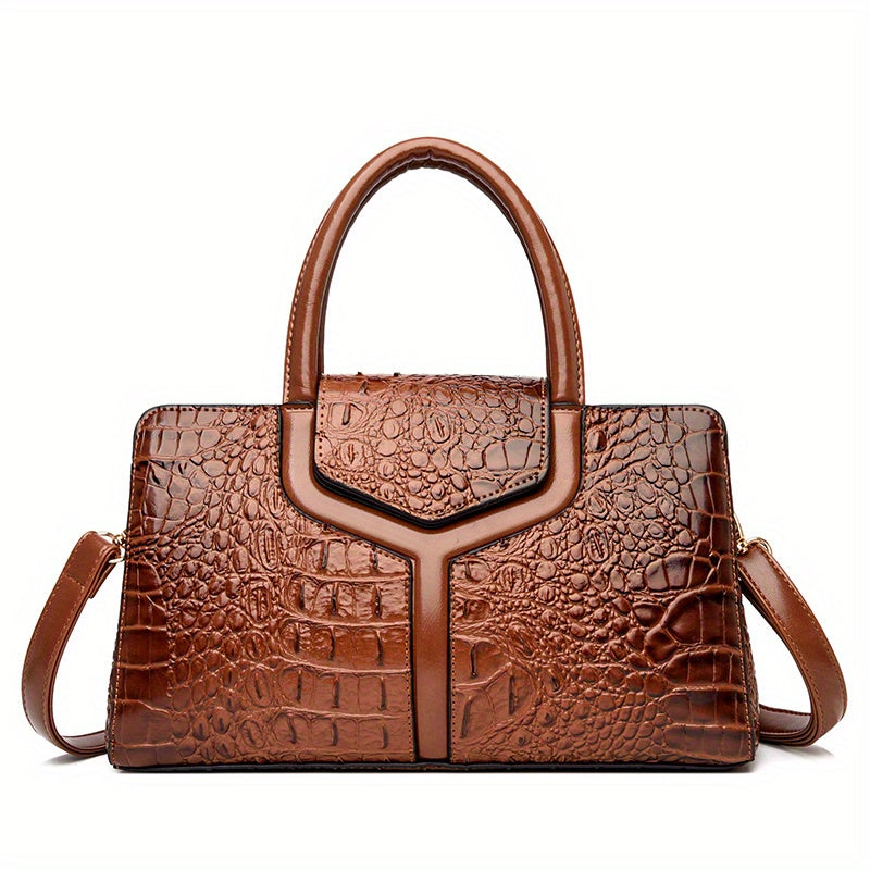 solvbao  Crocodile Embossed Handbag, Elegant PU Crossbody Bag, Top Handle Satchel Purse For Women