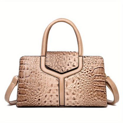 solvbao  Crocodile Embossed Handbag, Elegant PU Crossbody Bag, Top Handle Satchel Purse For Women