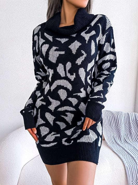 solvbaoLadies Turtleneck Leopard Print Sweater Dress, Long Sleeve Sweater Dress Without Belt, Casual Sweater Dress For Fall & Winter, Women's Clothing