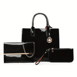 3Pcs Patent Leather Bag Set, Fashion Handbags With Chain Crossbody Bag & Clutch Purse & Card Holder