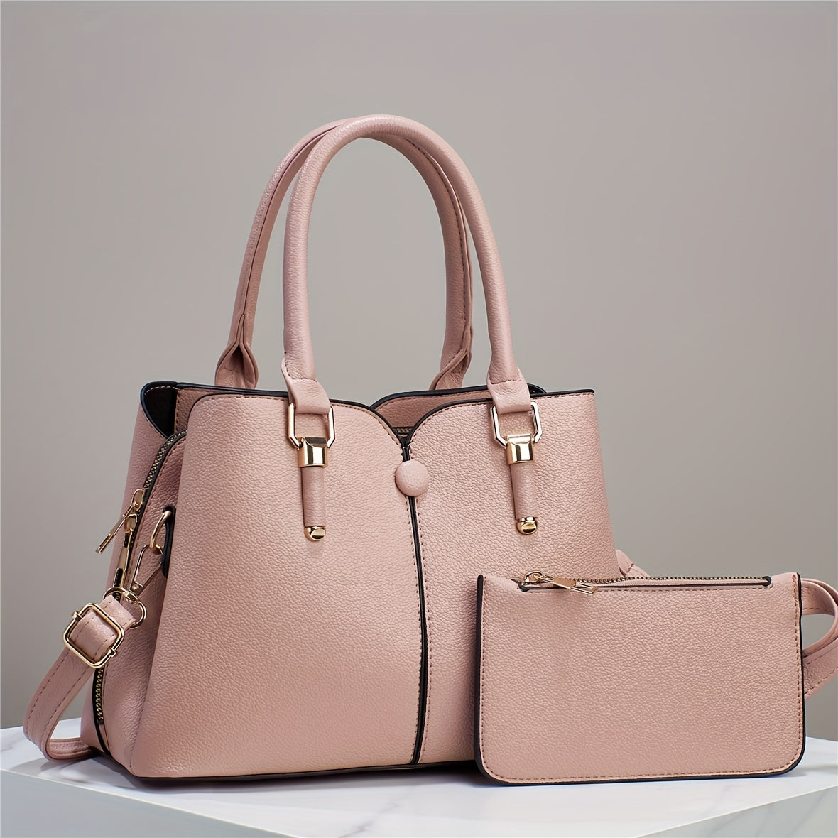 2pcs Elegant Solid Color Handbag Set, Fashion Tote Bag With Clutch Purse, Women's Crossbody Bag