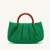 Top Handle Ruched Bag, Green Jacquard Fabric Handbag, Women's Elegant Clutch Purse (9.84*6.3*2.36) Inch