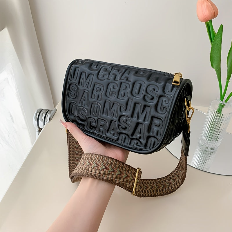 solvbao  Bright Embossed Crossbody Bag, Fashion Flap Shoulder Bag, Zipper Bag For Work With Wide Strap