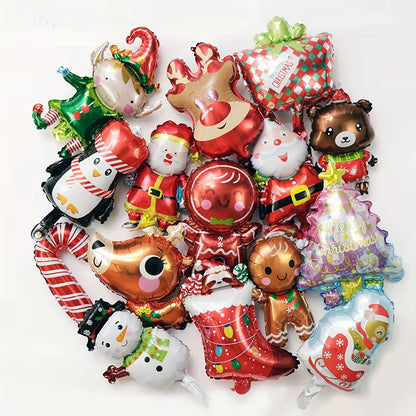 10-Pack Assorted Mini Aluminum Foil Balloons for Holiday Parties - No Electricity Needed - Santa, Reindeer, Gingerbread Man Designs - Suitable for Ages 14+