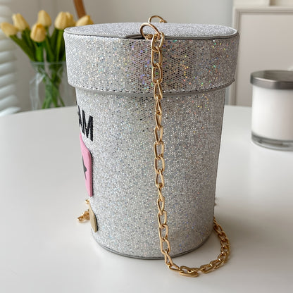 solvbao  Niche Sequins Decor Bucket Bag, Stylish Zipper Letter Pattern Crossbody Bag, All-Match Chain Bag