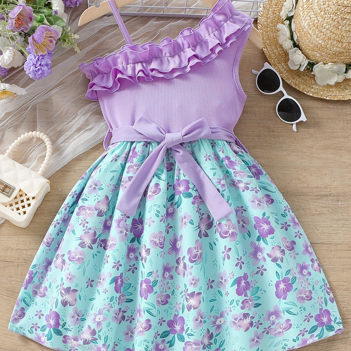 Girls Charming Floral Cami Dress with Splicing Frills - Lightweight Summer Party Wear - Ideal Gift for Sweethearts