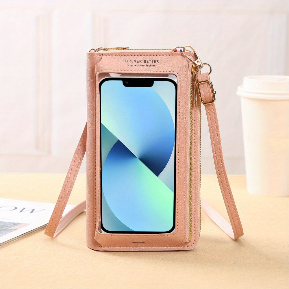 Mini Zip Around Crossbody Wallet, Touchable Screen Mobile Phone Bag, Women's PU Leather Coin Purse (7.8*4.3*1.6) Inch