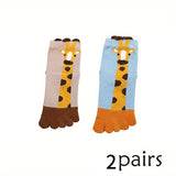 2pairs Boys Kids Five-finger Socks, Cartoon Giraffe Cute Split Toe Socks, Breathable Comfy Crew Socks For Autumn Winter, Children's Socks