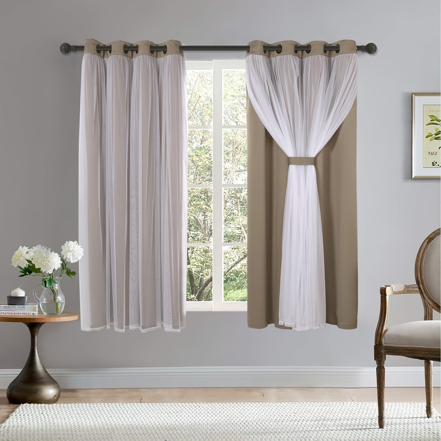 1 Panel Blackout Curtains With White Sheer Voile Double-Layered Mix And Match Curtains Grommet Curtains For Bedroom, Grey