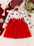 Christmas Baby Girl Snowflake Santa Hat Bow Christmas Tree Print Top Mesh Dress with Belt