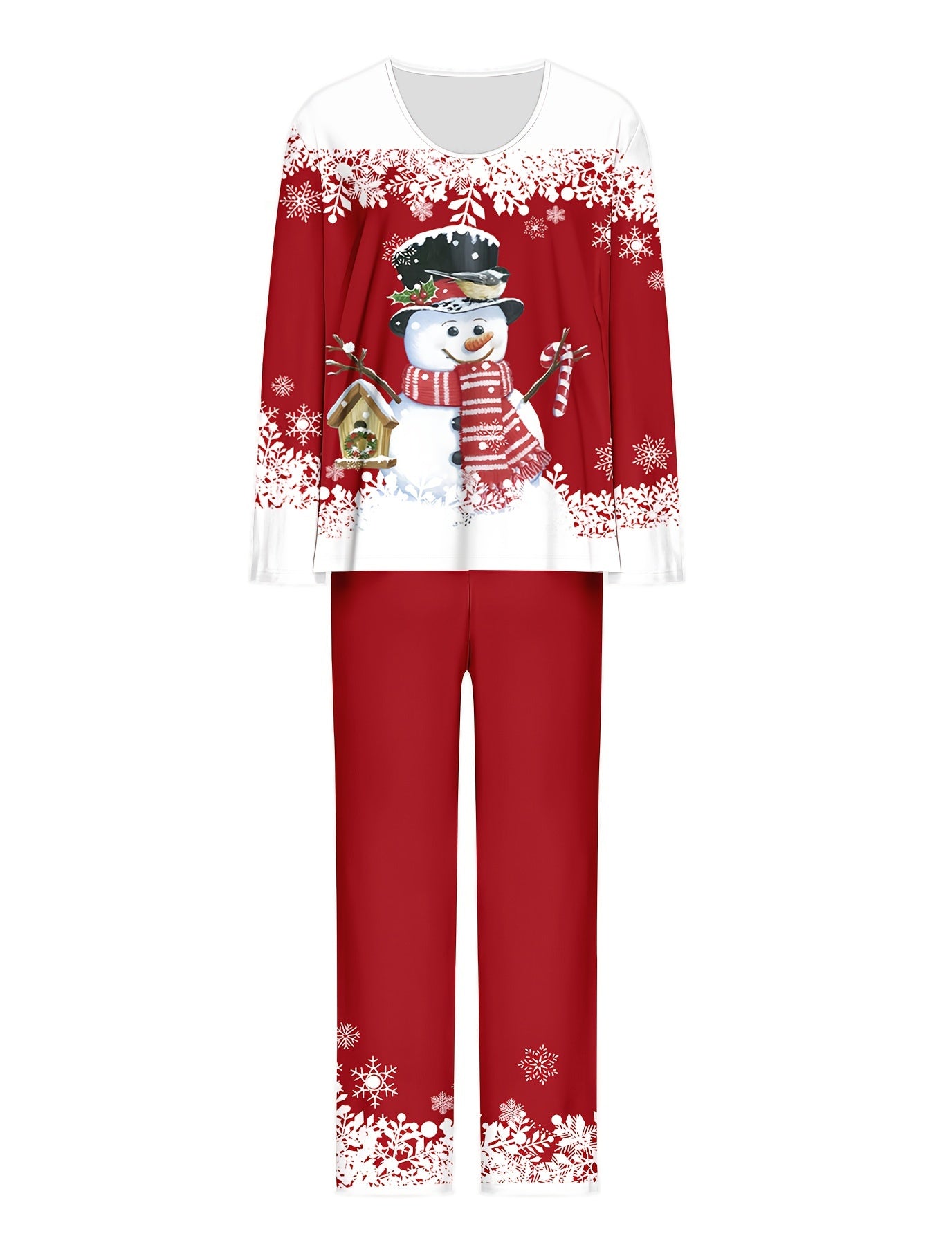 Women'S Plus Size Christmas Pajama Set, Elegant Knit Fabric, Random Print, Polyester, Round Neck, Long Sleeve, Regular Fit, Open Front