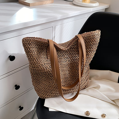 solvbao  Simple Shoulder Bag, Woven Handbag, Travel Beach Bag, Stylish All-Match Shoulder Bag