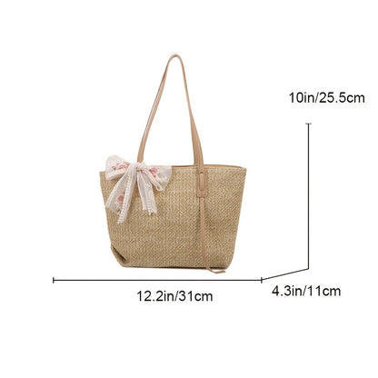 solvbao  Large-capacity Simple Woven Tote Bag, Trendy Shoulder Bag With Ribbon Decor For Beach