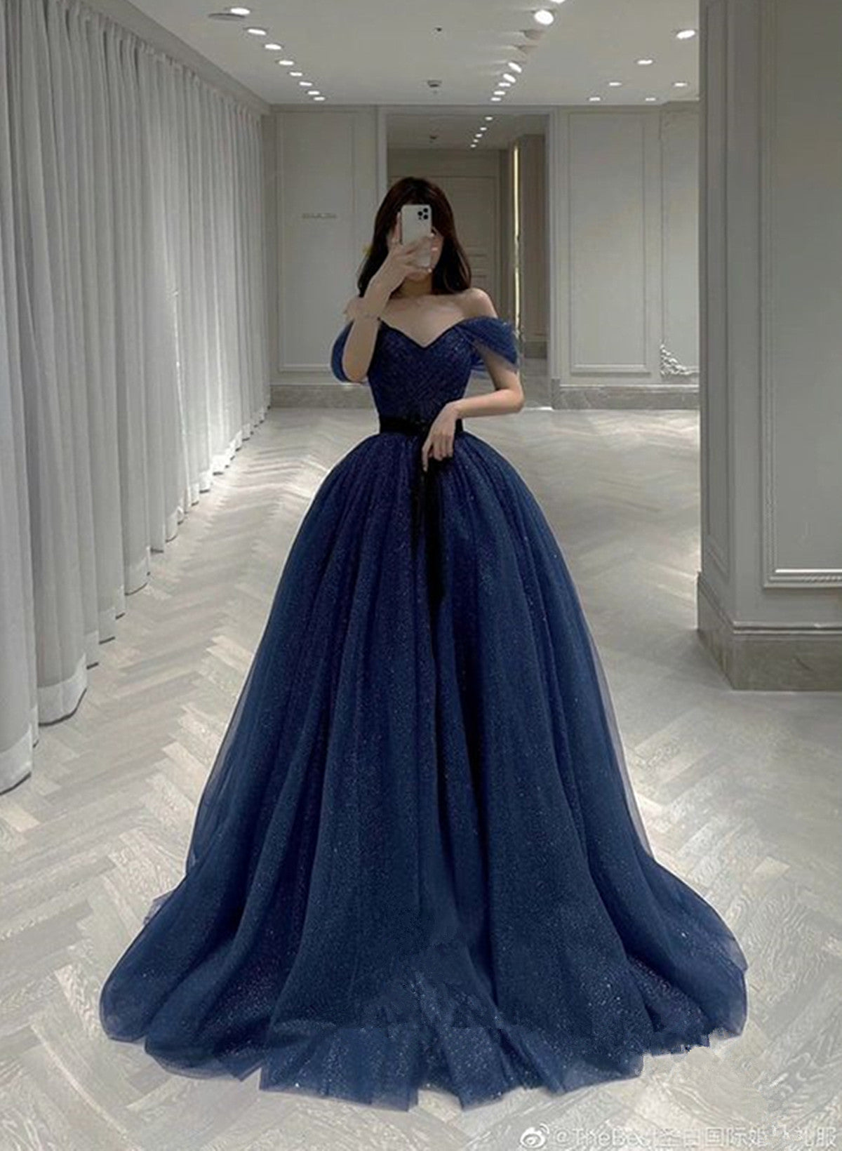 solvbao Navy Blue Off Shoulder Sweetheart Long Formal Dress, A-line Navy Blue Prom Dress