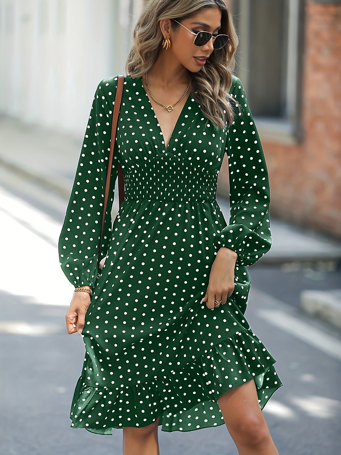 solvbao  Retro V-neck Ruffle Dress, Polka Dot Print Long Sleeve Waist Loose Summer Dresses, Women's Clothing