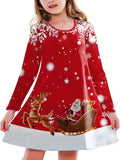 Girls' Festive Christmas Dress - Working Santa Pattern Round Neck Long Sleeve Dress for Holiday Season