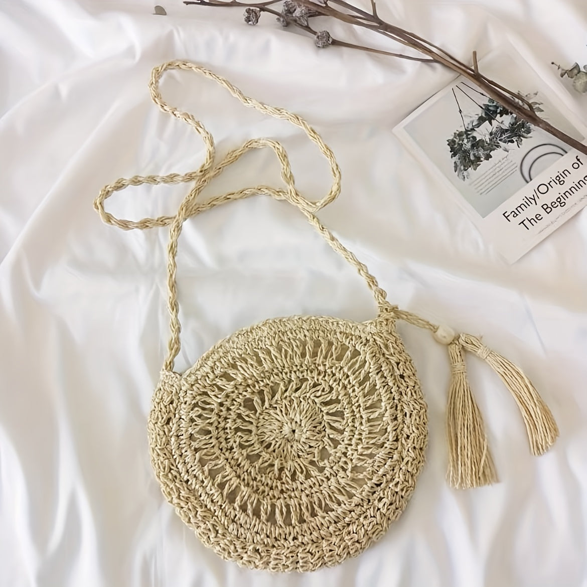 solvbao  Round Woven Straw Beach Bag, Tassel Decor Crossbody Bag, Boho Style Hollow Bag For Travel Vacation