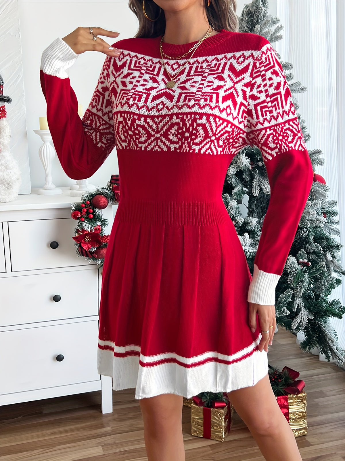 Elegant Christmas Knit Sweater Dress - Chic Long Sleeve, Crew Neck with Festive Patterns, Perfect for Holiday Parties & Gifts