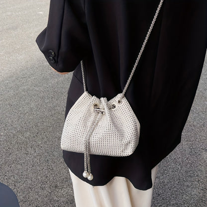 solvbao  Rhinestone Bucket Bag, Trendy Chain Crossbody Bag, Drawstring Design Prom Purse For Women