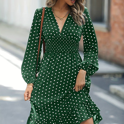 solvbao  Retro V-neck Ruffle Dress, Polka Dot Print Long Sleeve Waist Loose Summer Dresses, Women's Clothing