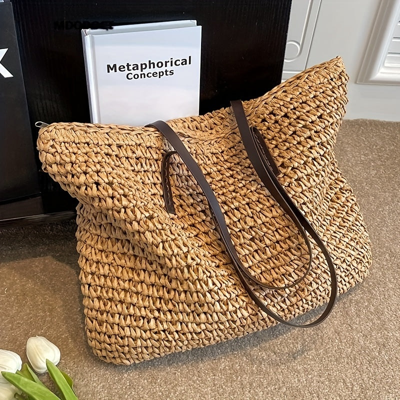 solvbao  Straw Woven Large Capacity Tote Bag, Lightweight Fashion Shoulder Bag, Exquisite Summer Beach Handbag