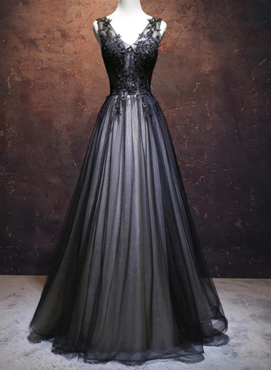 solvbao Black Prom Dress V-neckline Long , Black Party Dresses, Black Evening Dresses