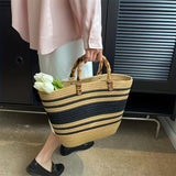 Striped Pattern Straw Bag, Bamboo Handle Summer Beach Bag, Women's Woven Tote Bag Basket