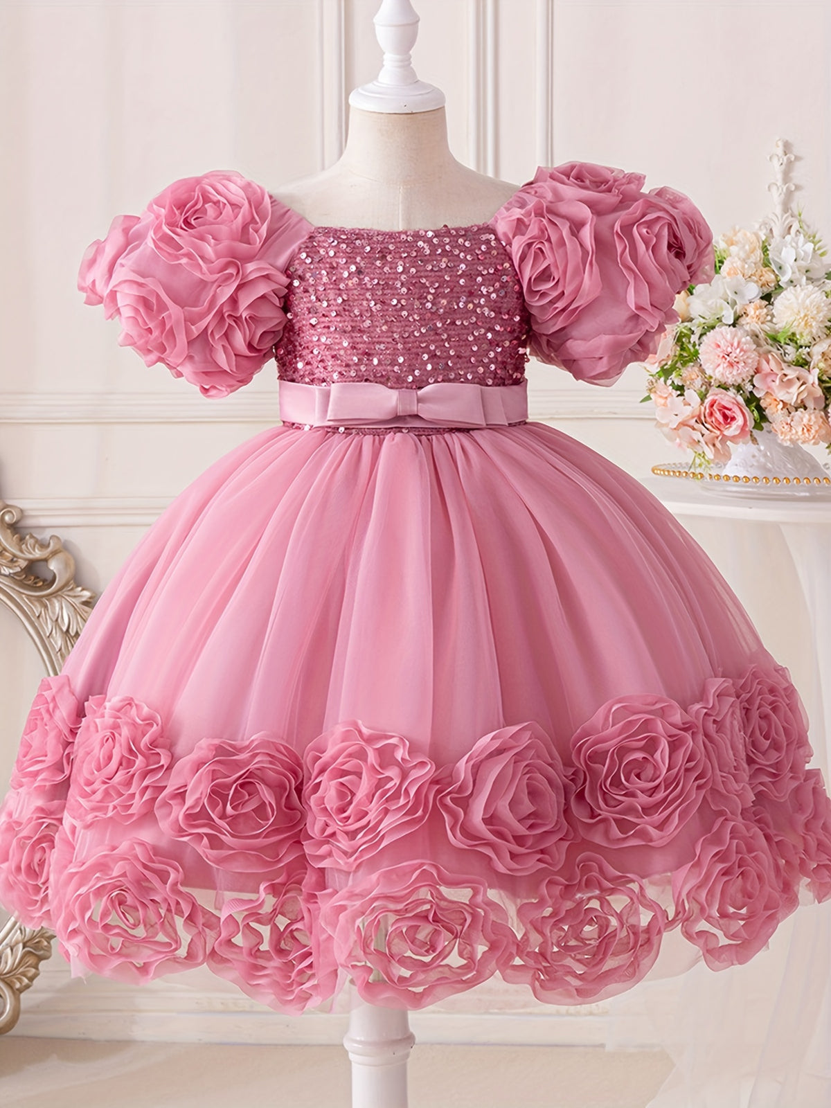 Toddler Girl's Sequin Flower Applique Tutu Dress for Wedding Birthday Party Baptism Christmas Ball Gown