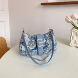 solvbao  Y2K Denim Crossbody Handbag, Chain Decor Shoulder Bag, Buckle Decor Stitch Chain Baguette Bag