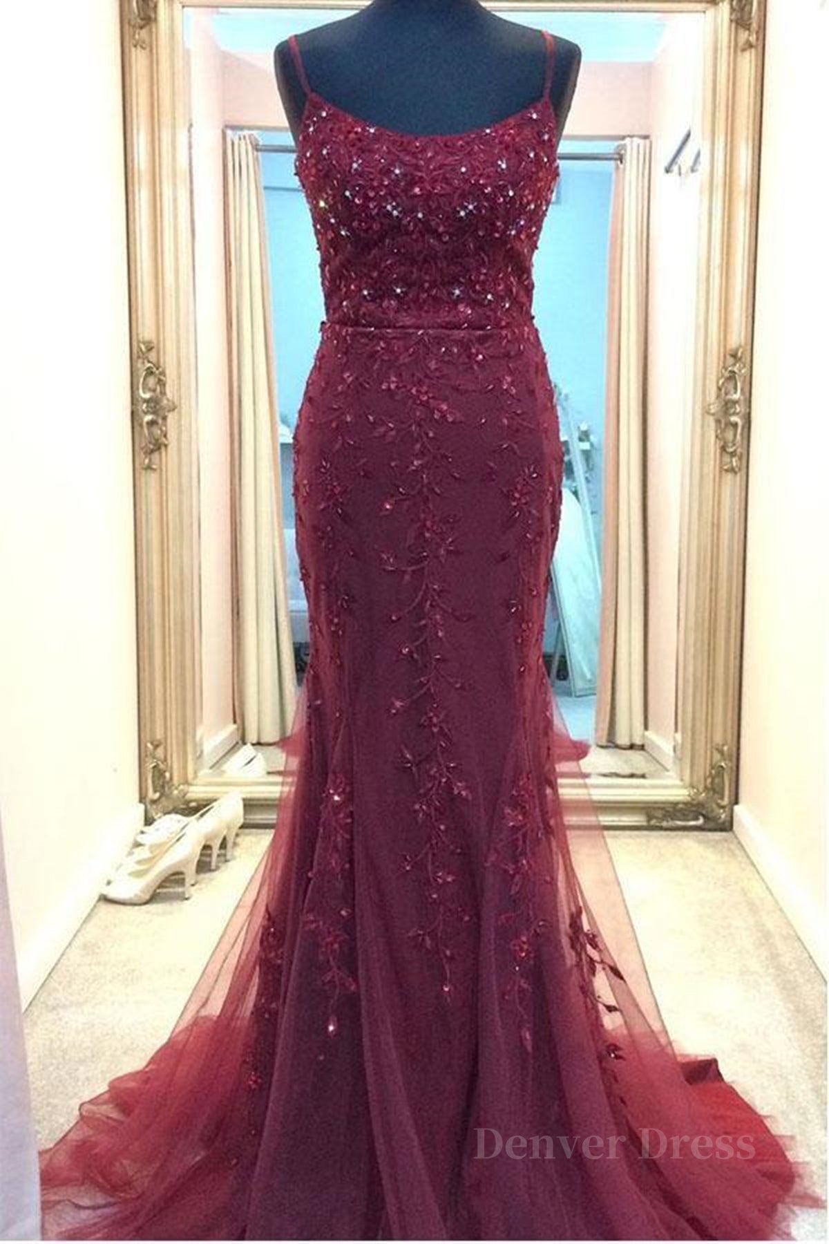 kamahe Backless Mermaid Beaded Maroon Lace Long Prom Dresses, Backless Burgundy Lace Formal Dresses, Burgundy Tulle Evening Dresses