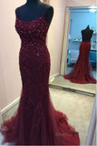 kamahe Backless Mermaid Beaded Maroon Lace Long Prom Dresses, Backless Burgundy Lace Formal Dresses, Burgundy Tulle Evening Dresses