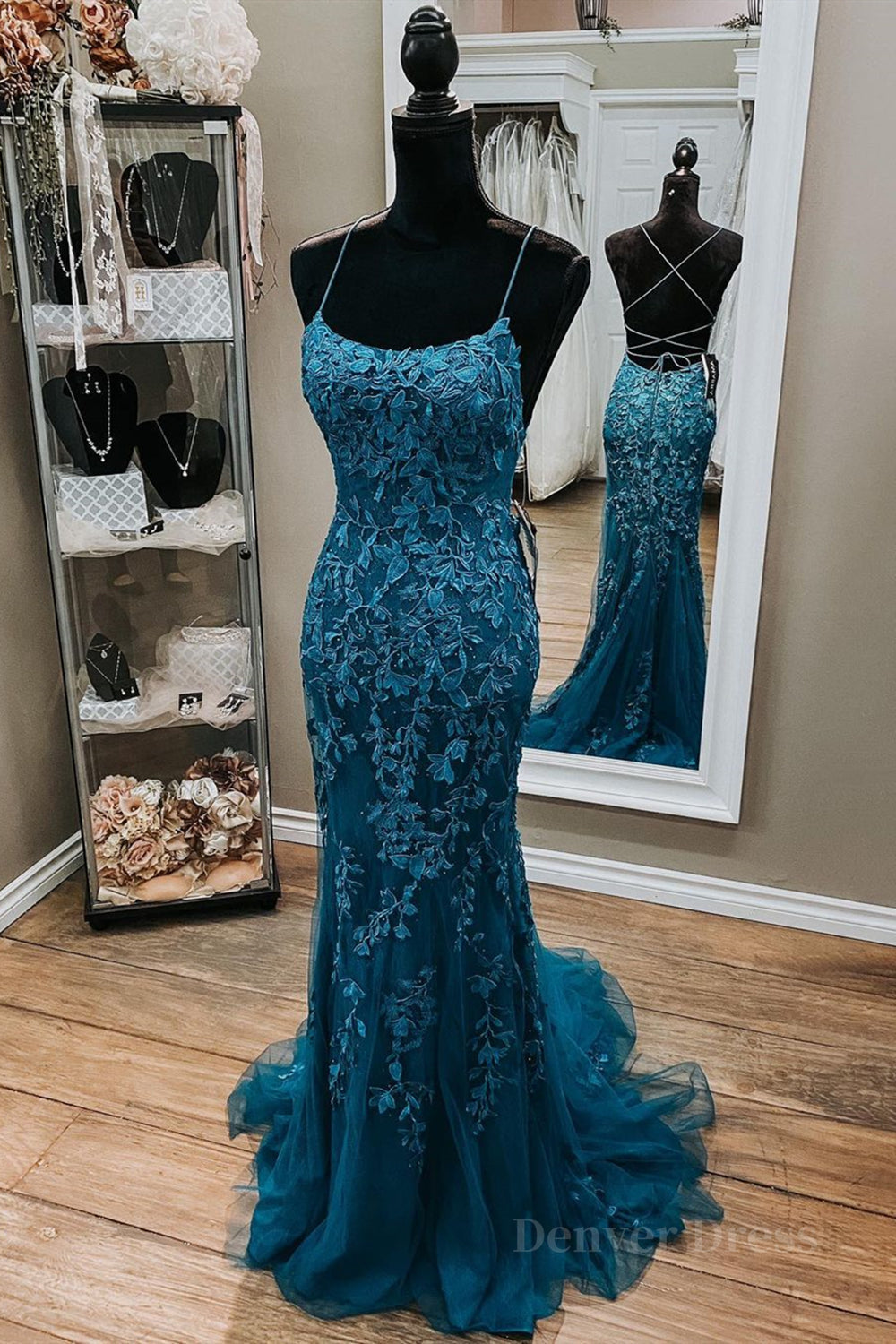 kamahe Backless Mermaid Dark Teal Lace Long Prom Dress, Mermaid Teal Lace Long Formal Evening Dress