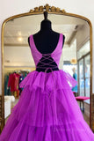 kamahe Backless Purple High Low Prom Dresses, Open Back Purple High Low Formal Evening Dresses