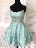 Backless Short Mint Green Lace Prom with Straps, Graduation Homecoming Dresses