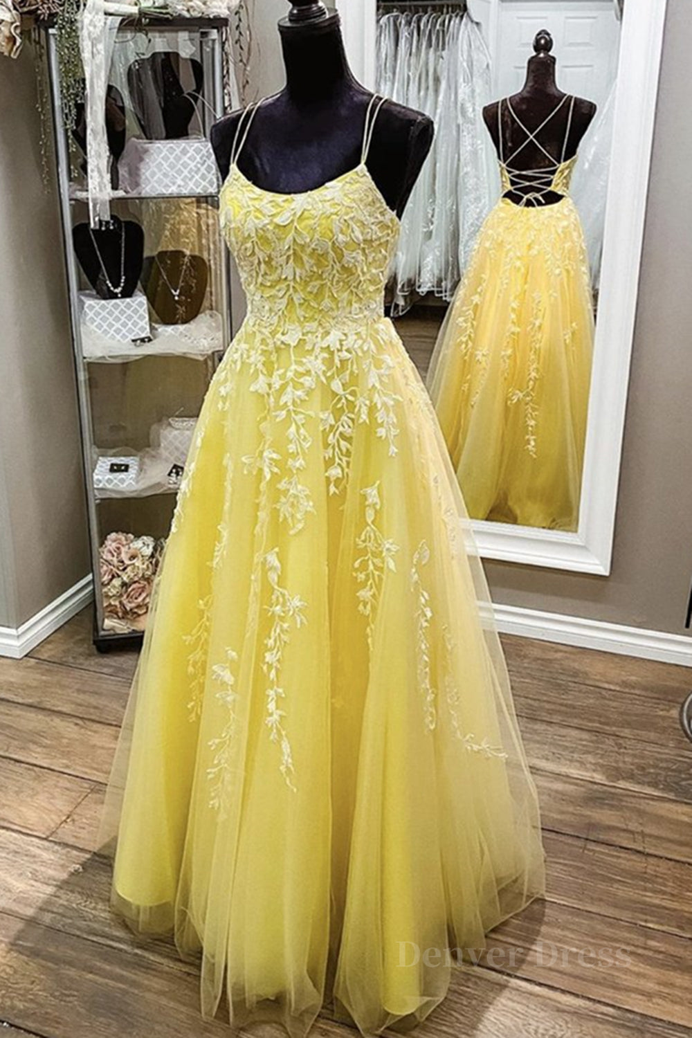 kamahe Backless Yellow Lace Long Prom Dress, Long Yellow Lace Formal Dress, Yellow Evening Dress