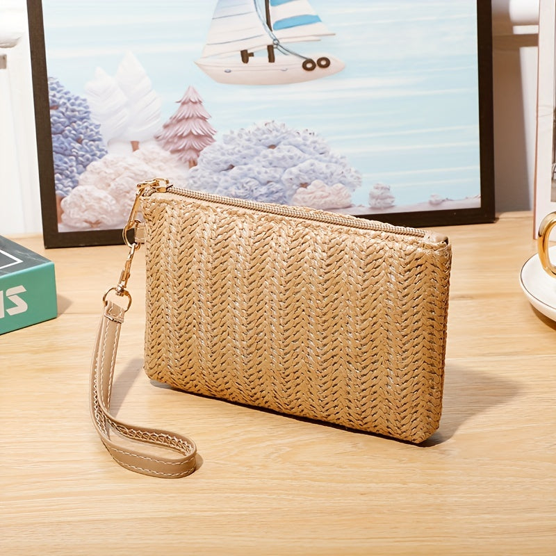 solvbao  Straw Woven Clutch Wallet, Fashion Braided Phone Purses, Women's Square Zipper Handbags