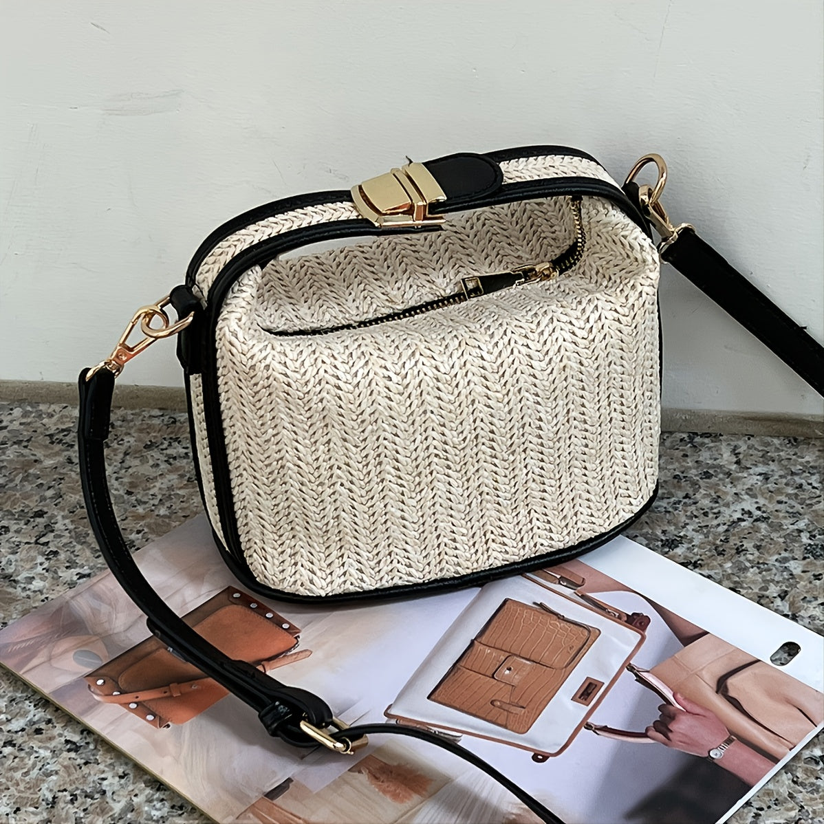 solvbao  Straw Crossbody Bag, Vacation Style Zipper Shoulder Bag With Top Handle & Removable-strap