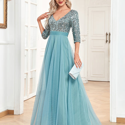 solvbaoV-neck Contrast Sequin Long Dress, Elegant Chiffon Half Sleeve Waist Evening Gown Prom Party Dresses, Women's Clothing